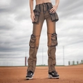 Detail of vintage washed brown cargo pants with multi-pockets and a high-waist slim fit - Brown