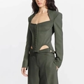 Deep olive green corset-style tailored suit top with vintage metal hook closure - S / Army Green