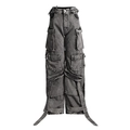Detail of high waist grey cargo jeans featuring multi-pockets and decorative long straps - S / Gray