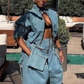 Ensemble denim deux pièces bleu clair pour femme avec veste courte et pantalon cargo large - S / Bleu