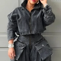 Ensemble veste utilitaire en denim gris foncé et pantalon cargo taille haute femme - S / gris foncé