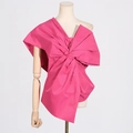 Detail of rose red off-shoulder top featuring a large decorative bow and pleated texture - S / Rose Red
