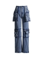 Blue washed multi-pocket cargo jeans for women with 3D flap pockets and zipper details - Blue