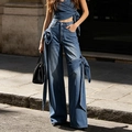 Dark blue high-waisted wide-leg jeans with large denim bow knots on the side - S / Blue