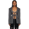 Dark grey fashion blazer for women with sexy V-neck hollow out design and tie waist details - XL / Gray