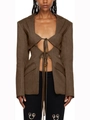 Chic brown long-sleeve cutout blazer with waist ties and structured shoulders for women - XL / Brown