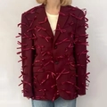 Schicker burgunderroter Blazer mit 3D-Schleifen-Textur und klassischem V-Ausschnitt Revers - S / Rot