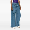 Mid-blue wide-leg jeans with unique waist knot, metal ring buckle, and frayed hems - S / Blue
