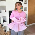 Rosa tailliertes Damen-T-Shirt mit modisch plissiertem Volant-Saum-Design - S / Rosa