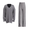 Detailed flat lay of grey V-neck knit sweater and high-waist wide-leg trousers set - One Size / Gray
