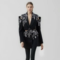 Luxuriöser schwarzer Blazer mit Kristallfransen und seitlichen Taillen-Ausschnitten - L / Schwarz
