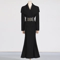 Detailed view of the elegant wide waist belt with double metal buckles on a black coat - S / Black