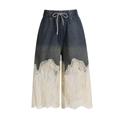 Dames denim shorts met wijde pijpen, elegant kant patchwork en trekkoord in de taille - S / Blauwe Broek