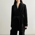 Chaqueta de terciopelo negro para mujer con cinturón de borlas y elegante cuello chal - S / Negro