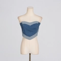 Detail showing heart-shaped patchwork denim corset top with dual-tone blue panels - S / Blue