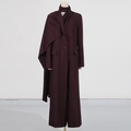 Detail of deep purple long coat featuring a unique scarf-style collar and smooth texture - S / Angola Red