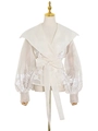 Blouse élégante en organza ivoire avec broderies florales, manches bouffantes et nœud - S / Abricot