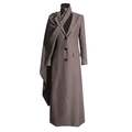Elegant dark grey long wool coat with asymmetric draped scarf collar design - S / Brown