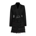 Elegantes schwarzes Blazerkleid mit Straußenfederbesatz und funkelndem Strassgürtel - S / Schwarz
