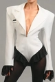 White blazer bodysuit featuring padded shoulders and elegant black lace trims on cuffs - L / White