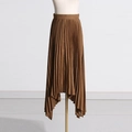 Detail of high waist pleated midi skirt with irregular hemline in brown fabric - S / Khaki