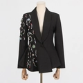 Detail of colorful rhinestones and pearls embroidery on black blazer with wavy hem - S / Black