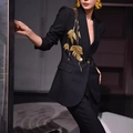 Detail showing elegant gold leaf embroidery on the black blazer lapel with sequins - M / Tops / Black