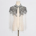 Exquisite silver hand-beaded floral embroidery on black mesh shawl with long fringe trim - Silver