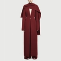 Detail of burgundy trench coat featuring an elegant asymmetric scarf collar and button - S / Red