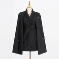 Close-up of elegant black cape blazer featuring intricate floral sequin and bead embroidery - S / Black