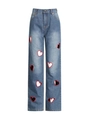 High waist straight jeans in blue denim featuring creative red heart cut-out patterns - S / Blue