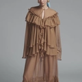 Detail of brown ruffled chiffon blouse with elegant layered pleats and neckline slit - S / Brown
