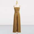 Detail of tan sleeveless jumpsuit with a square buckle belt and wide leg cut - S / Yellow
