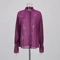 Detailed view of sheer purple blouse featuring standard collar and pleated cuffs - S / Dark Purple