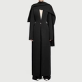 Elegant deep black long trench coat with a minimalist scarf collar wrap design - S / Solid Black