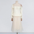 Detail of square neck mesh top with rhinestone buttons and high waist midi skirt set - S / Off White