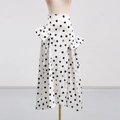 Detail of high waist white maxi skirt featuring large black polka dots and side ruffles - S / Bottoms / Apricot Skirt