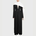 Elegant black long windcoat with structured deep V-neck and a white shawl accent - S / Black and White Contrast Style (Shawl Included) / Black