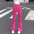 Detalle de flores 3D en pantalones de campana de talle alto rosa fucsia al aire libre - S / Rosa Rojo
