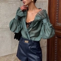 Women's dark green lantern sleeve sheer shirt and leather shorts set with gold belt - S / Dark Green