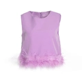 Sleeveless light purple crop top with ostrich feather trim and elegant round neckline - S / Purple