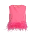 Hot pink sleeveless top with stylish ostrich feather trim hem and a clean round neck design - S / Rose Red