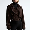 Detail showing the brown suede texture and lapel collar of this retro cropped jacket - L / Brown