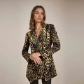 Close-up of leopard print blazer featuring notched lapels and large black buttons - S / Leopard Print