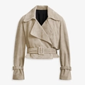 Short street style cropped jacket in light camel faux suede with waist belt and wide lapels - S / Apricot