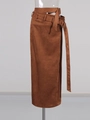 Brown high-waisted faux suede midi skirt with matching wide belt and metal buckle - S / Brown