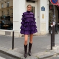Detail of a deep purple tiered ruffle mini dress with high collar and layered waves - S / Tops / Purple