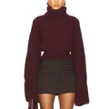 Detailed close-up of wine red turtleneck sweater featuring thick ribbed knit and long cuffs - Burgundy / S