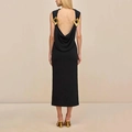 Detail of a backless black dress featuring U-shaped back and elegant gold square buckles - S / Black