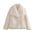 Short faux fur coat for women with large lapel collar in pure white plush texture - White